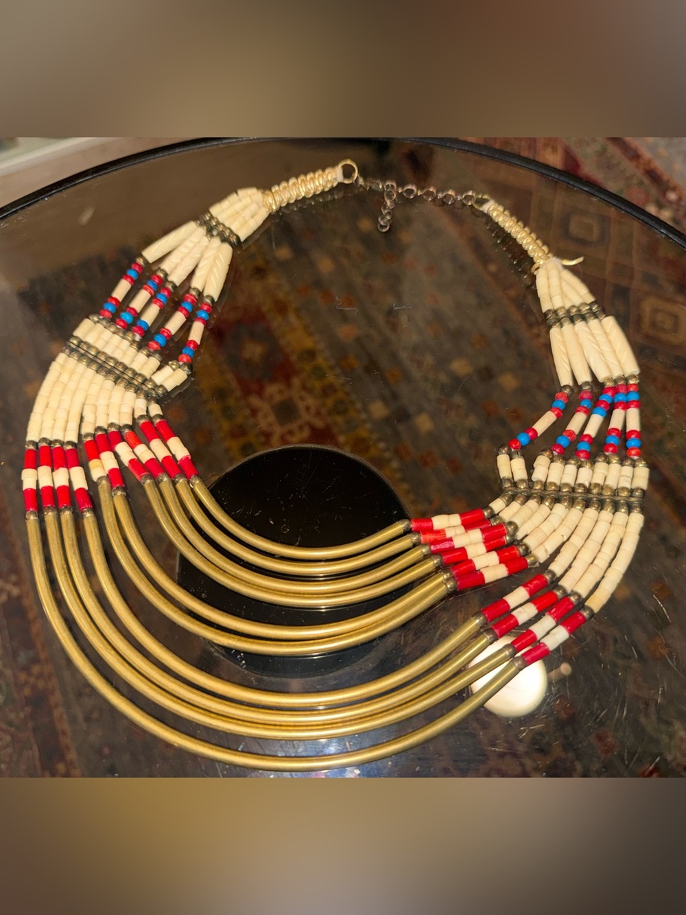 ASOS Gold-Tone Multi Strand Necklace with Red, Ivory & Blue Beads